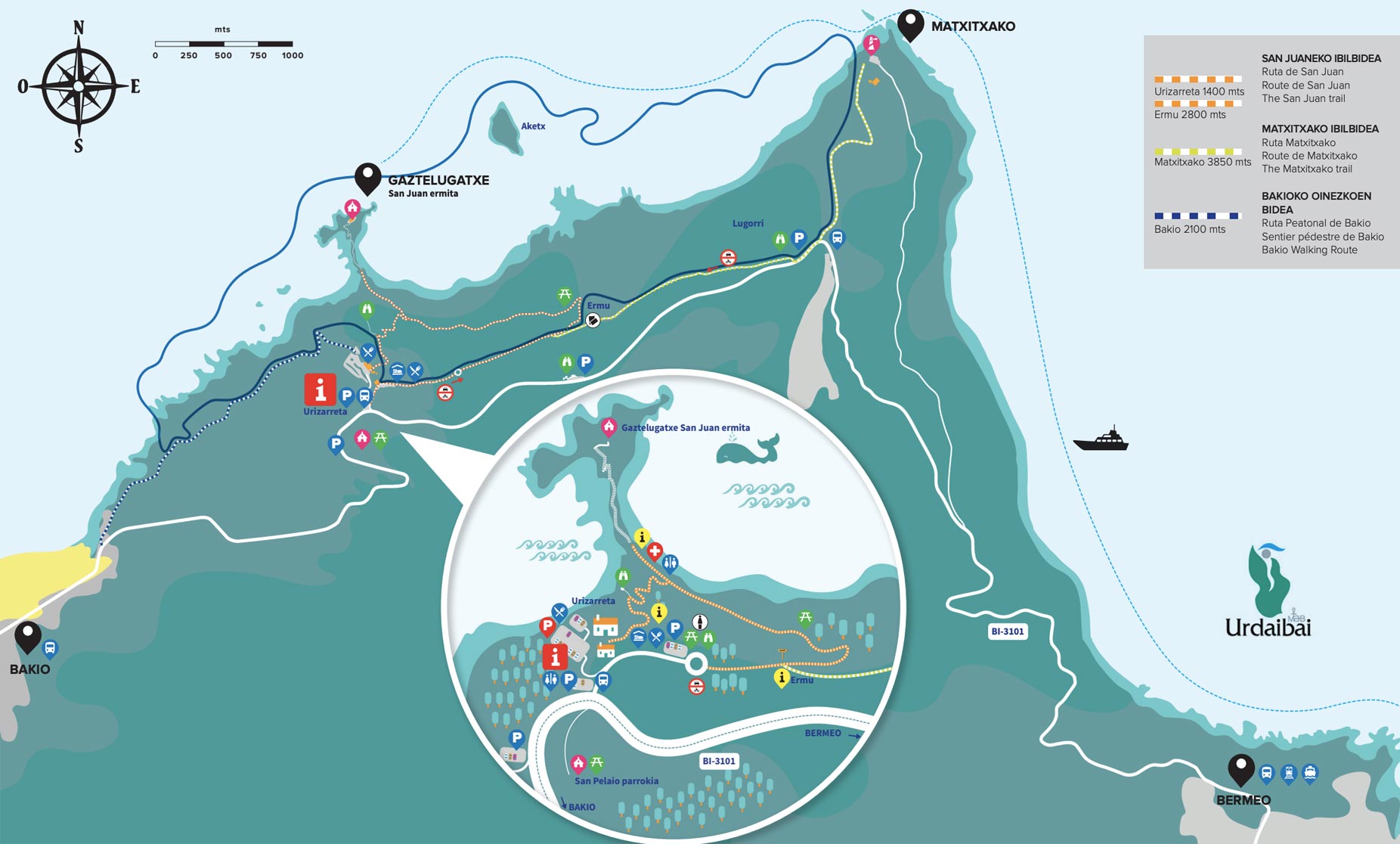 Carte de San Juan de Gaztelugatxe avec les voies d'accès, les parkings et les points d'information.